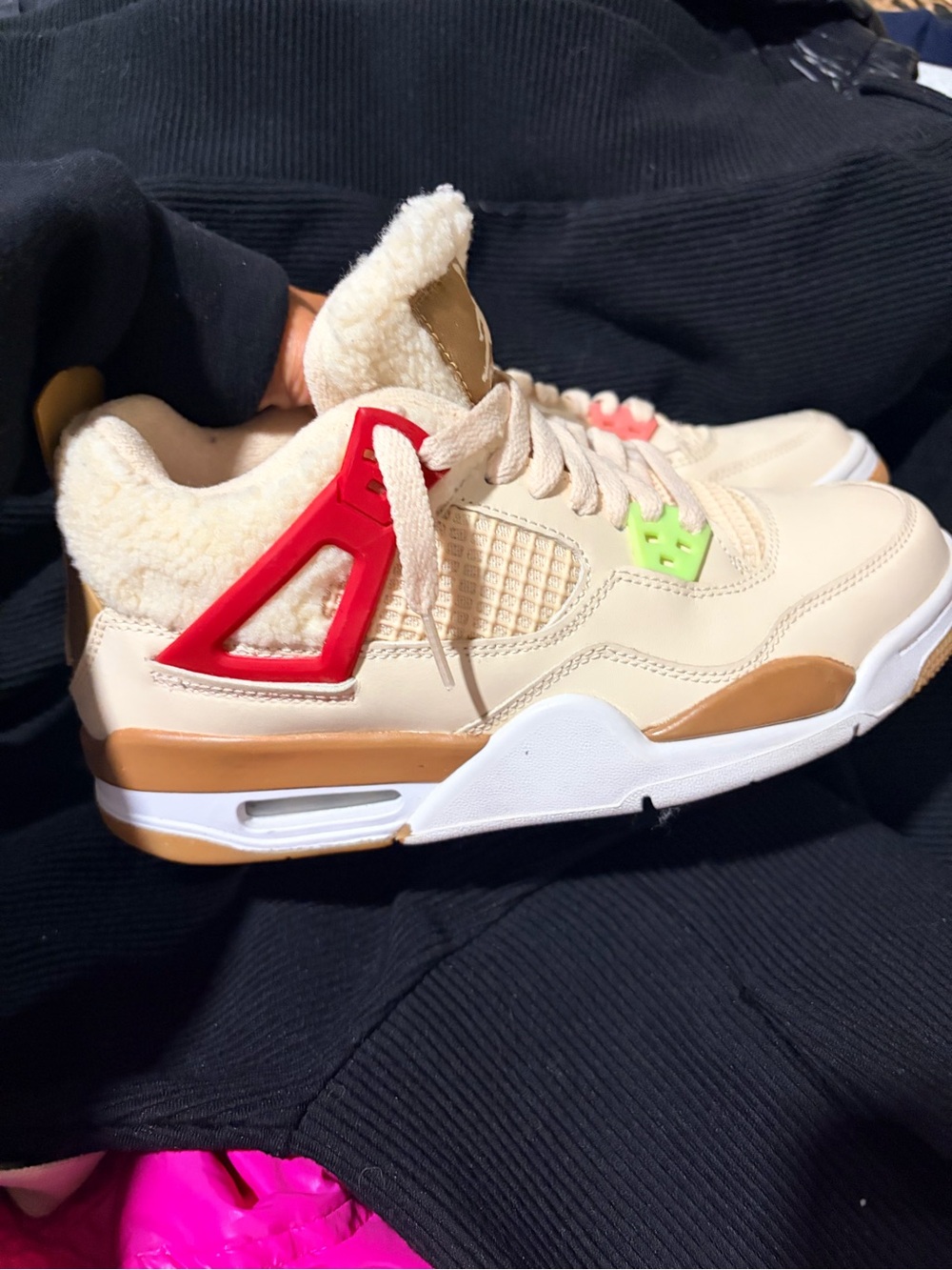 Jordan Kids Retro Cream and Tan Sneakers with Red & Neon Green Accents
